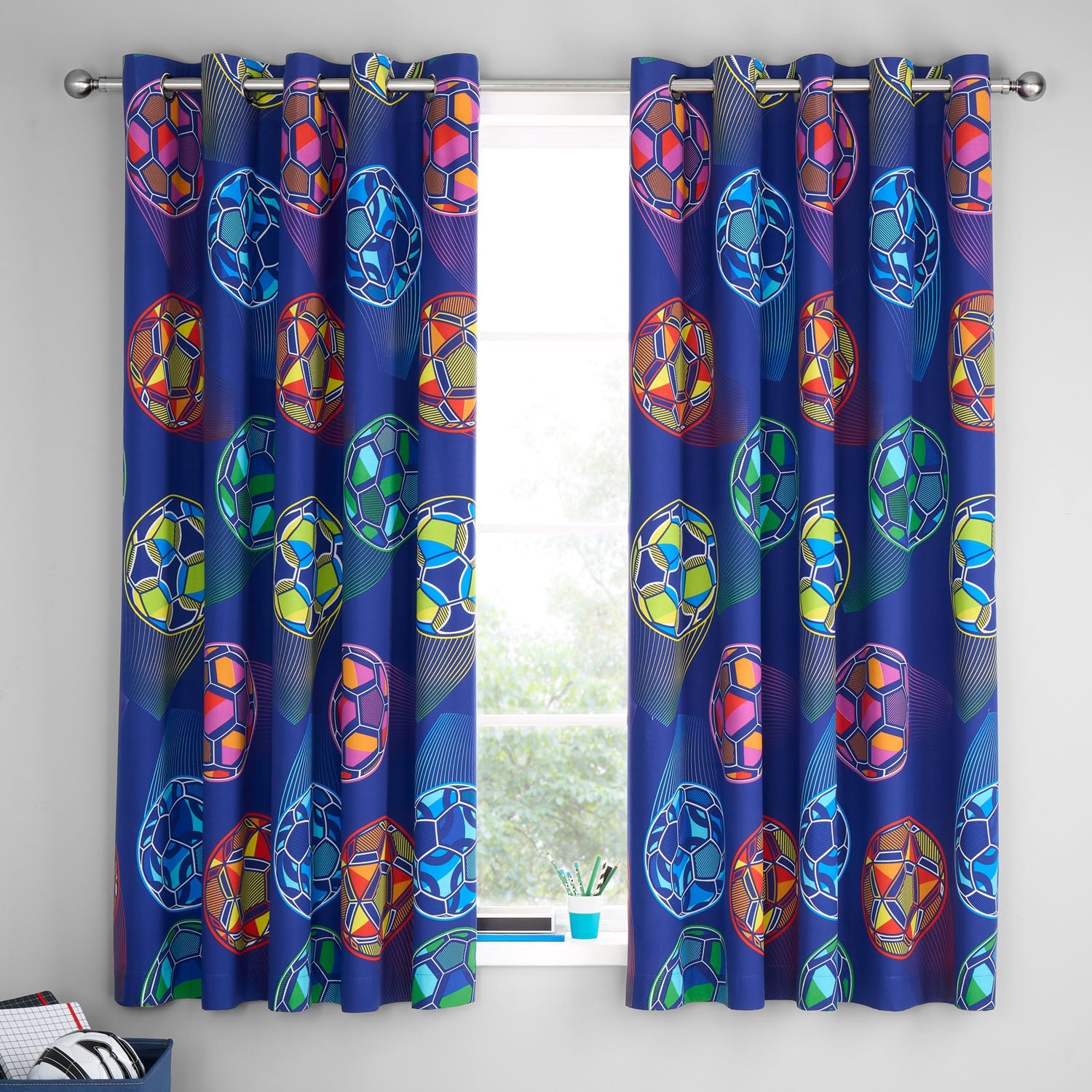 Catherine Lansfield Navy Blue Bright Football Reversible Eyelet Curtains