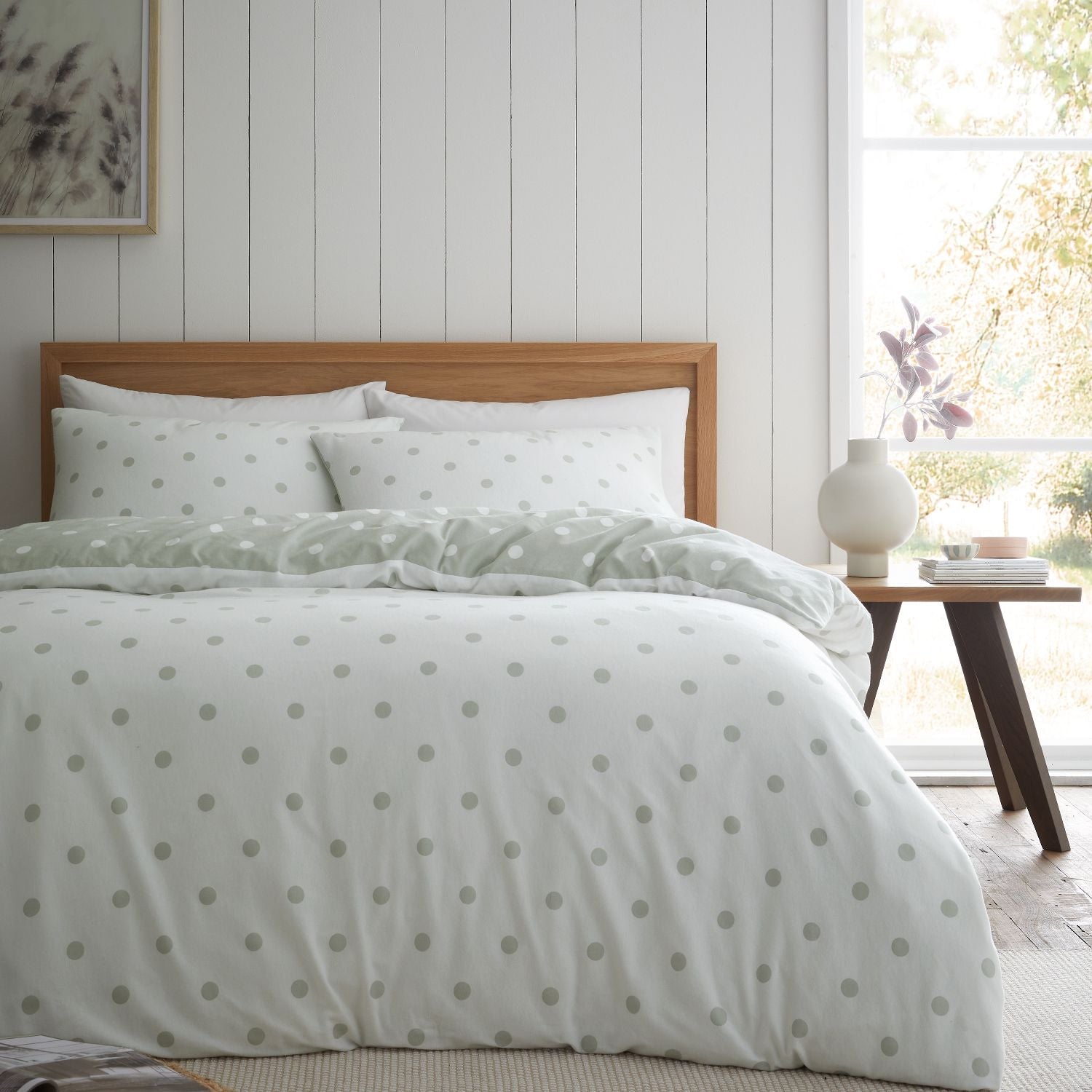 Catherine Lansfield Polka Dot Green Brushed Cotton Reversible Duvet Set