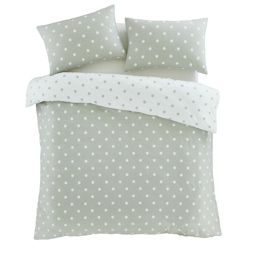 Catherine Lansfield Polka Dot Green Brushed Cotton Reversible Duvet Set