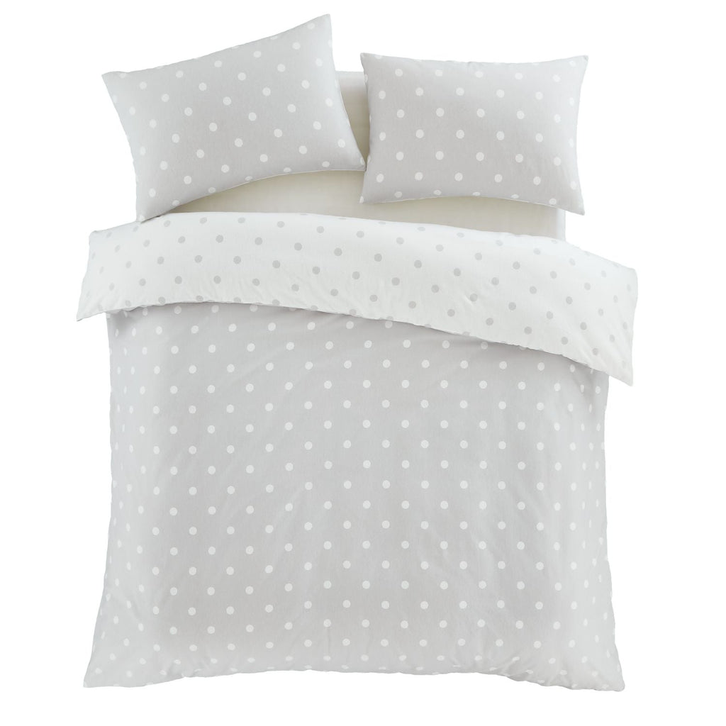 Catherine Lansfield Polka Dot Grey Brushed Cotton Reversible Duvet Set