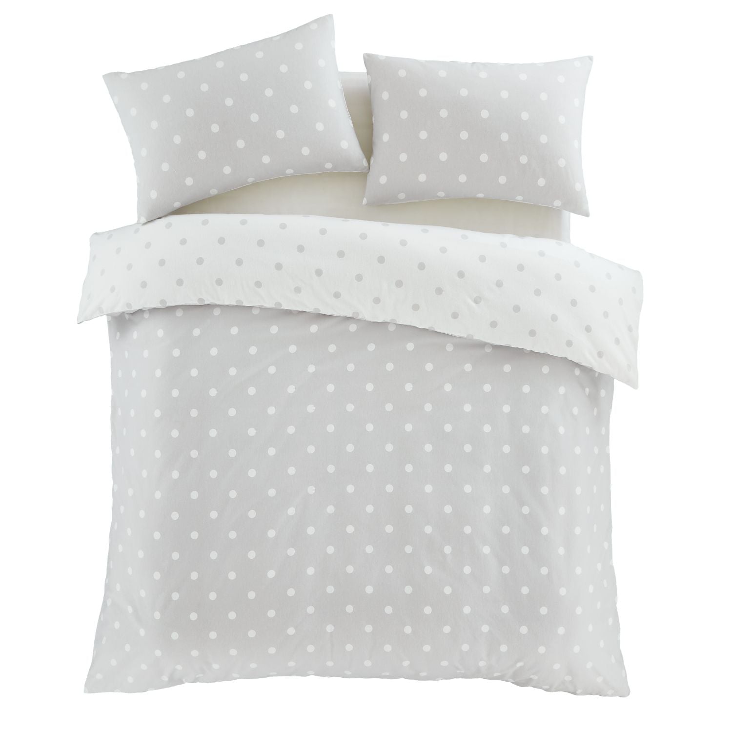 Catherine Lansfield Polka Dot Grey Brushed Cotton Reversible Duvet Set