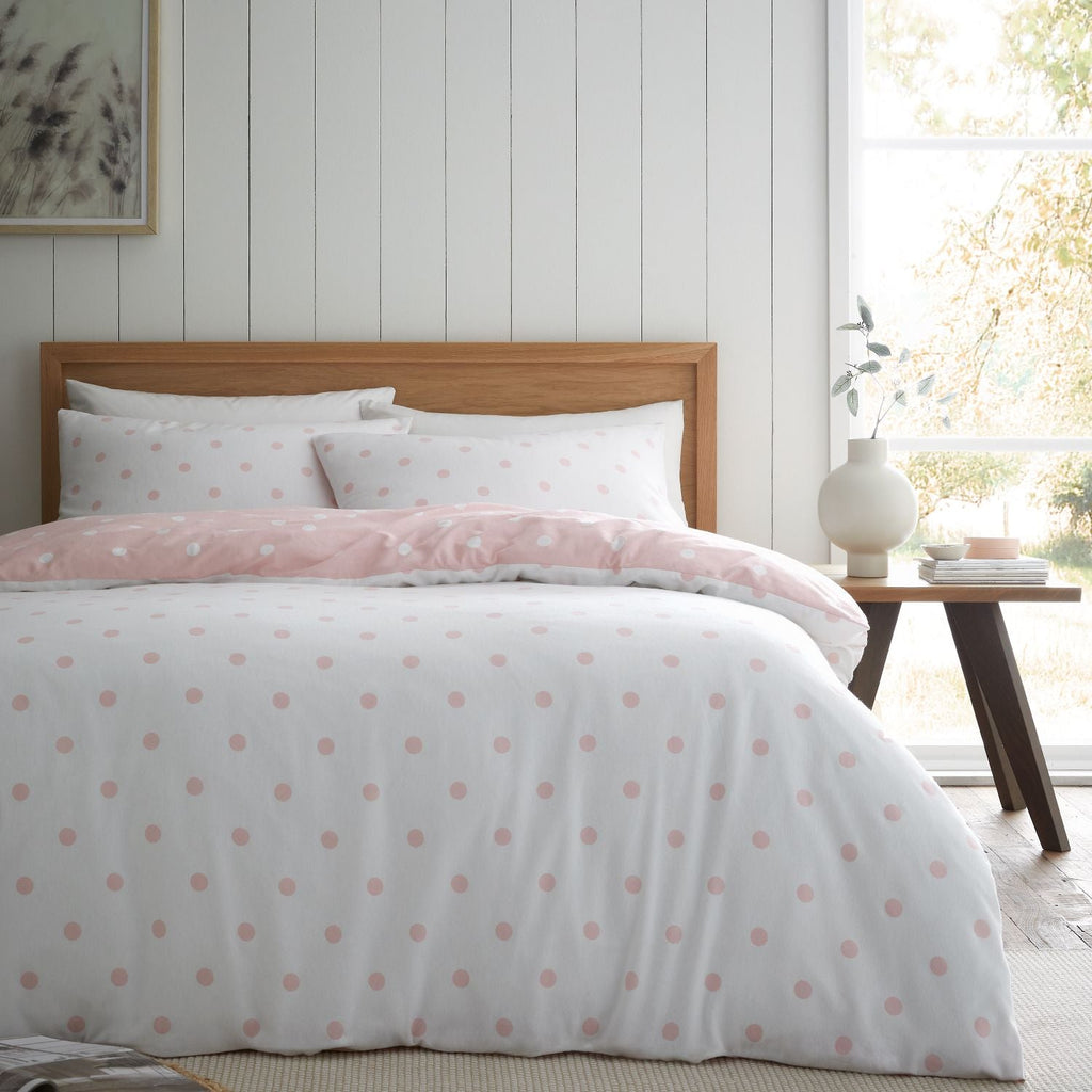 Catherine Lansfield Polka Dot Pink Brushed Cotton Reversible Duvet Set
