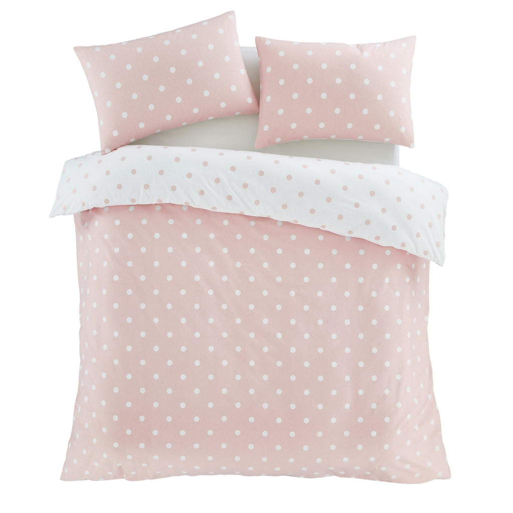 Catherine Lansfield Polka Dot Pink Brushed Cotton Reversible Duvet Set
