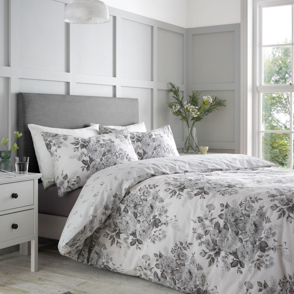 Catherine Lansfield Elinda Grey Floral Reversible Duvet Set