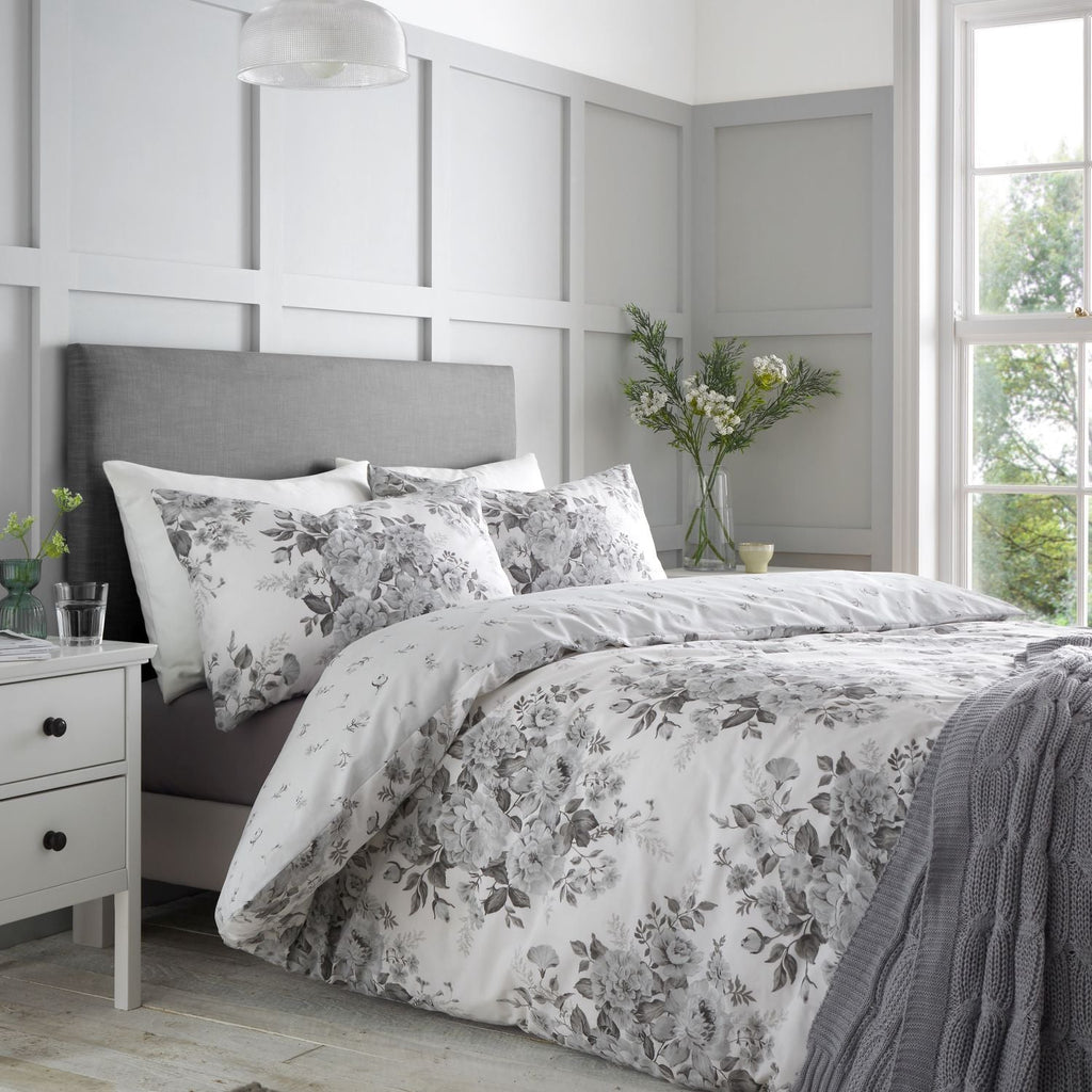 Catherine Lansfield Elinda Grey Floral Reversible Duvet Set