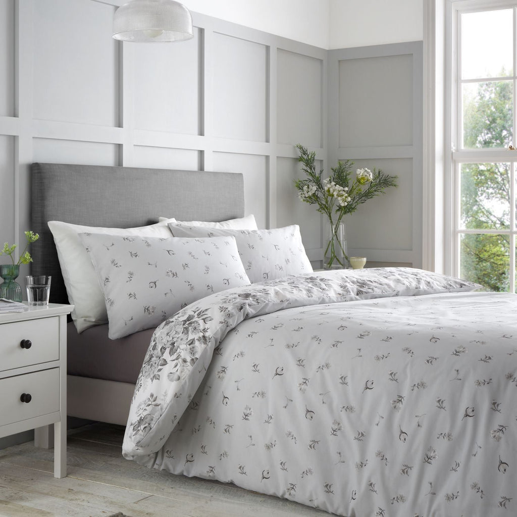 Catherine Lansfield Elinda Grey Floral Reversible Duvet Set