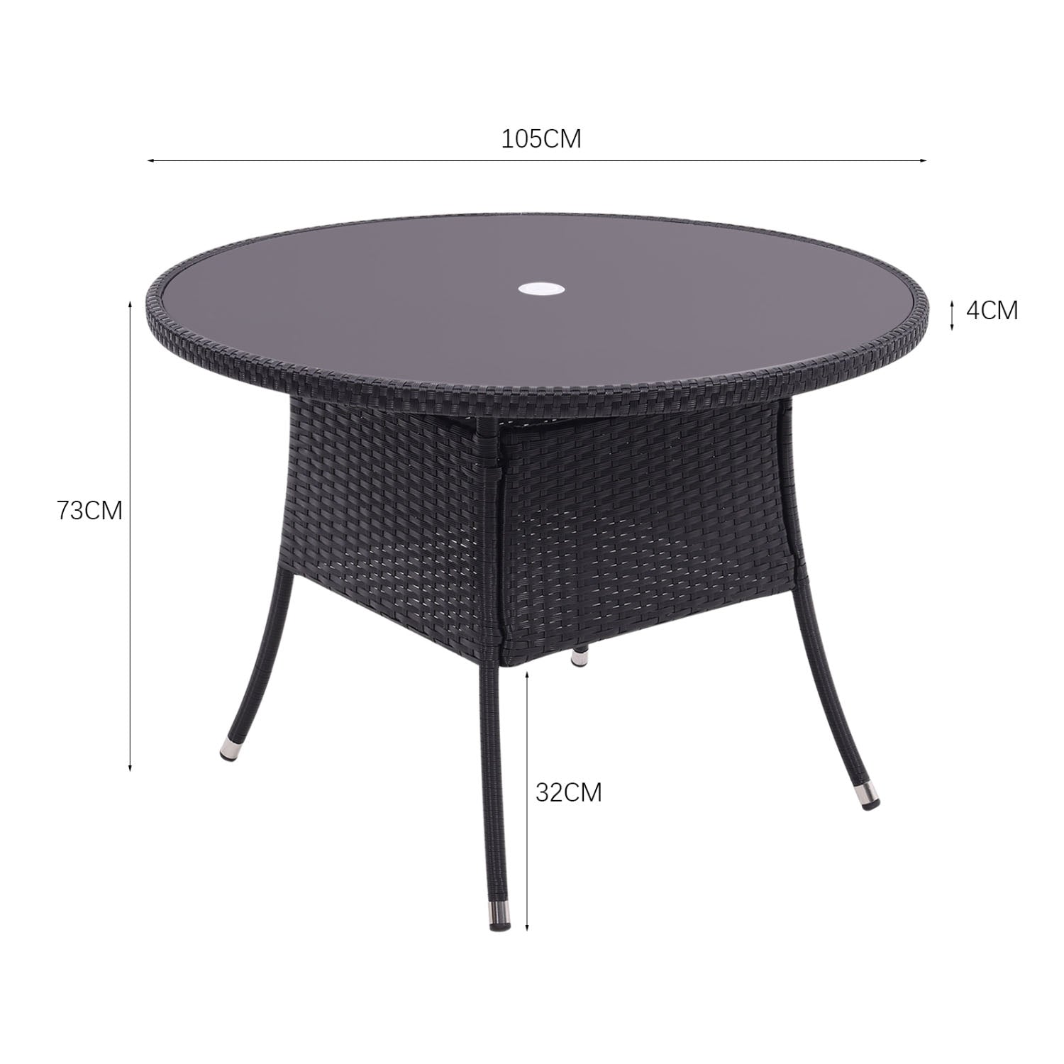 4 Seater Round Rattan Garden Table Black with Tempered Glass Top