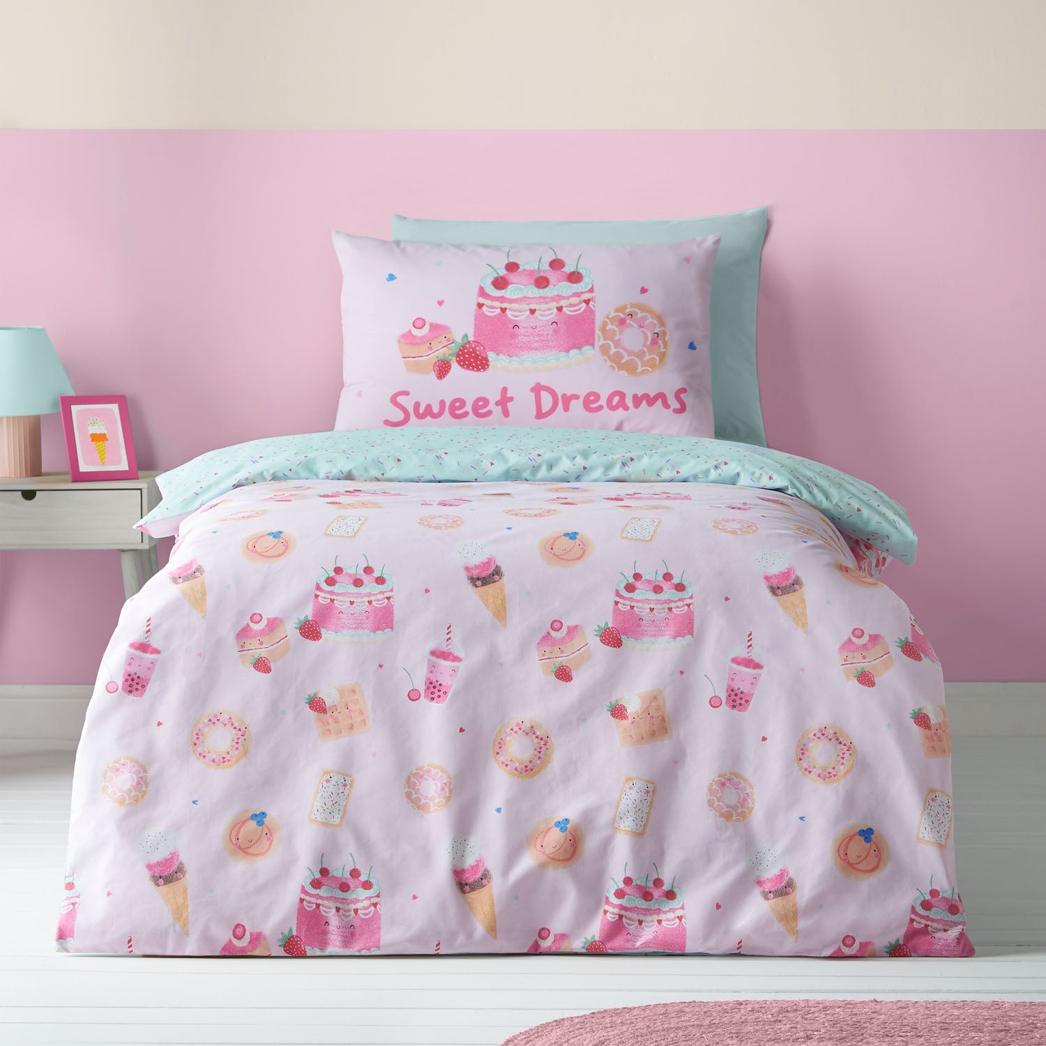 Catherine Lansfield Sweet Treats Pink Reversible Duvet Set