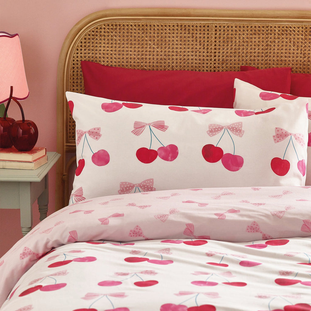 Catherine Lansfield Cherries and Bows Pink Reversible Duvet Set