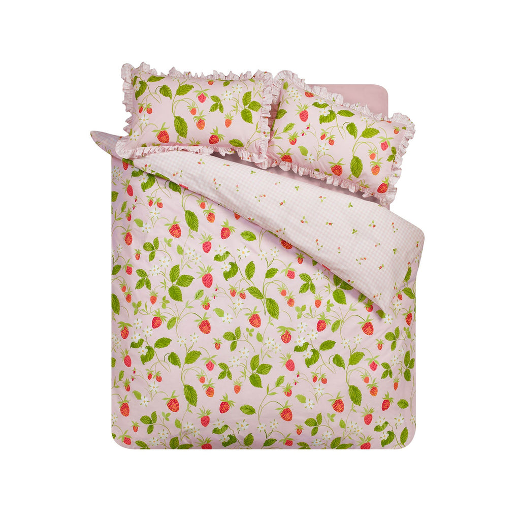 Catherine Lansfield Strawberry Frills Pink Gingham Reversible Duvet Set