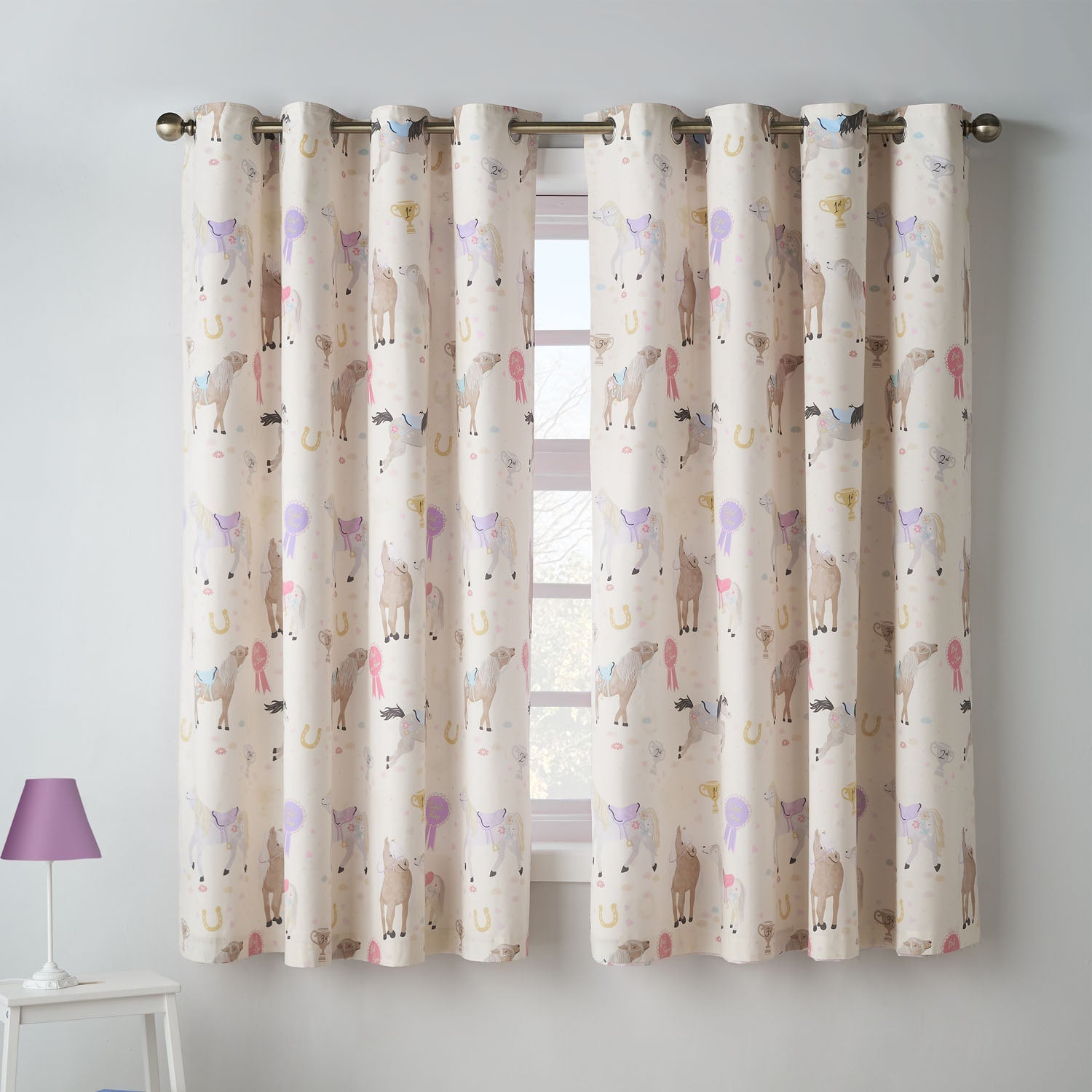 Catherine Lansfield Kids Happy Horses Cream Reversible Eyelet Curtains