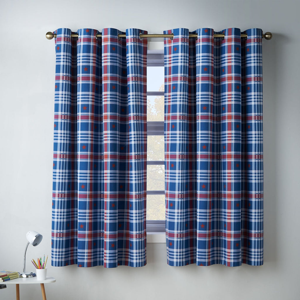 Catherine Lansfield Kids Stars And Check Blue Eyelet Curtains