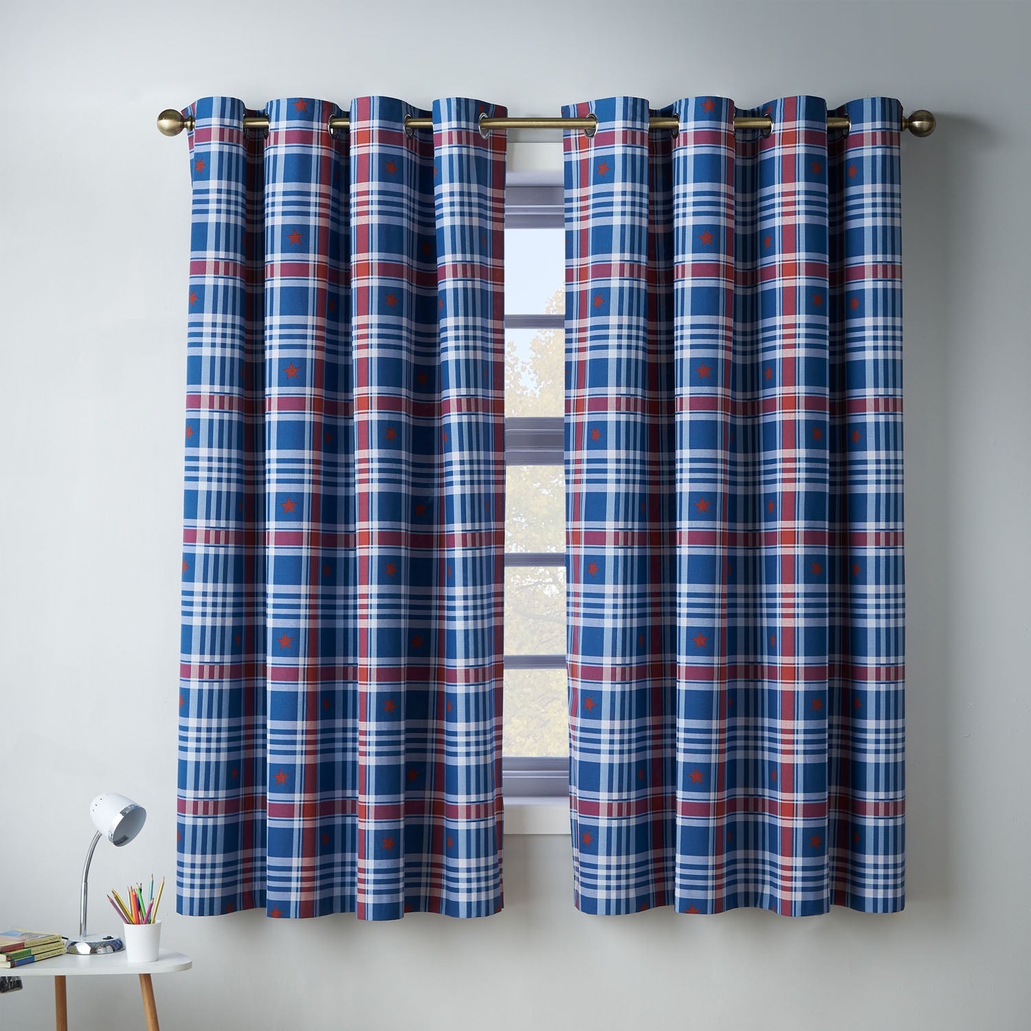 Catherine Lansfield Kids Stars And Check Blue Eyelet Curtains