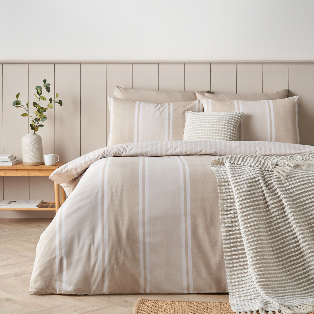 Catherine Lansfield Banded Stripe Natural Reversible Duvet Set