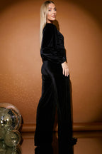 Velvet Puff Sleeve Wrap Front Jumpsuit