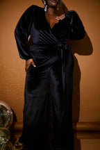 Velvet Puff Sleeve Wrap Front Jumpsuit