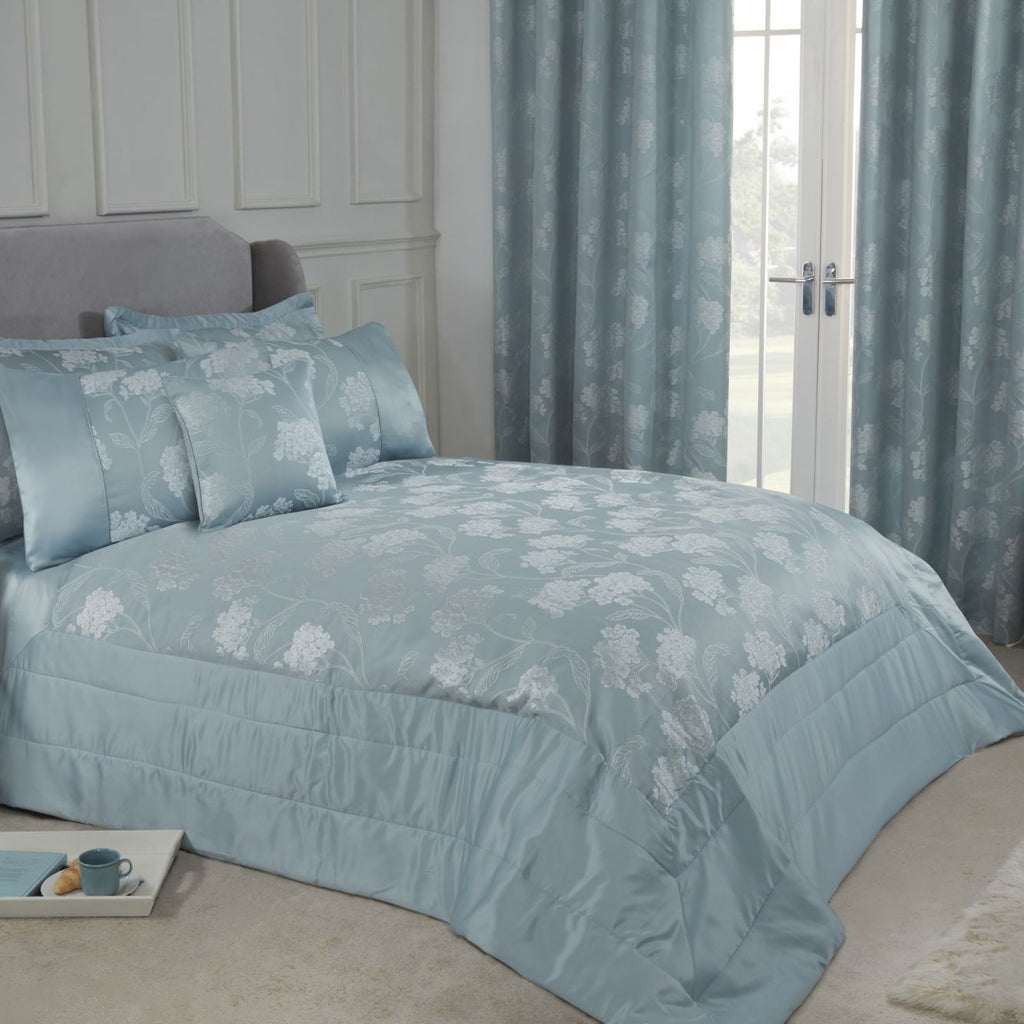 Blossom Duck Egg Embellished Jacquard Quilted Bedspread Set (220cm x 240cm)
