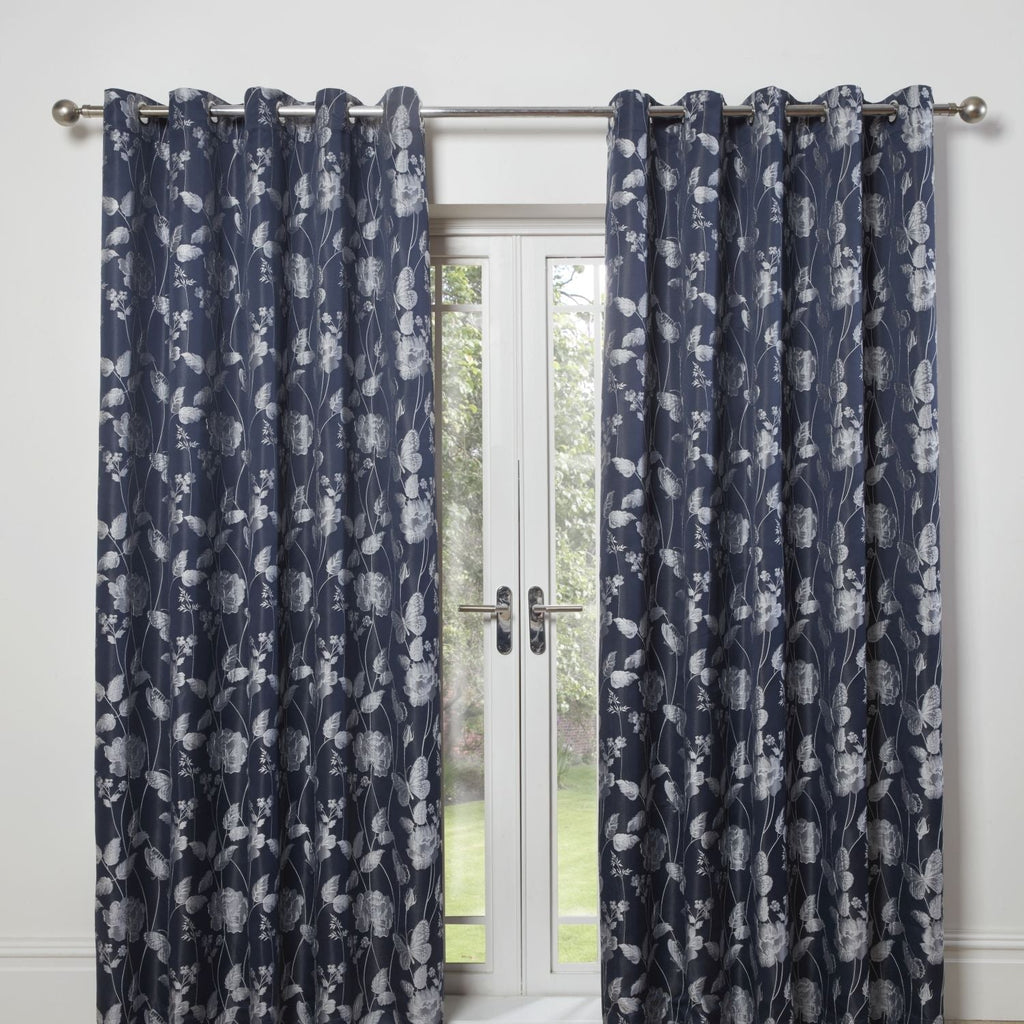 Butterfly Meadow Navy Blue Lined Eyelet Jacquard Curtains