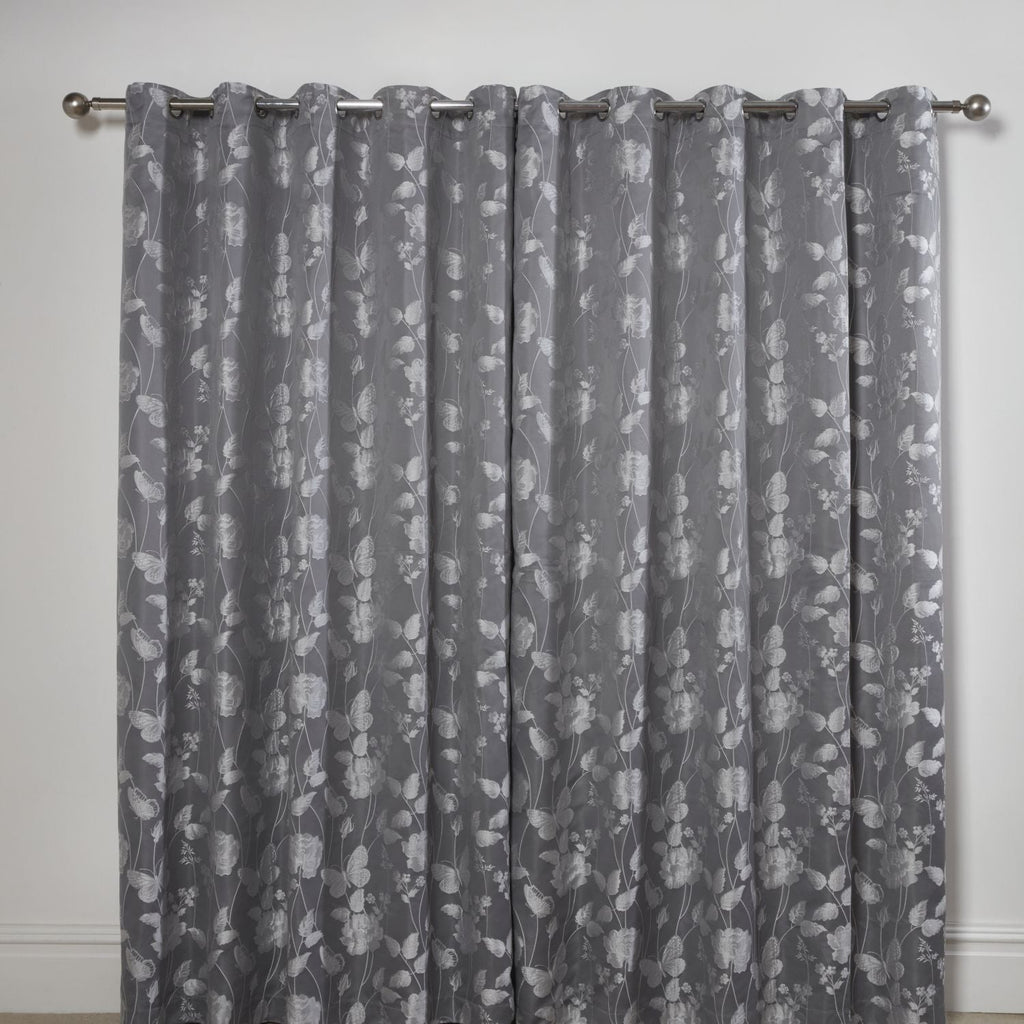 Butterfly Meadow Silver Grey Lined Eyelet Jacquard Curtains