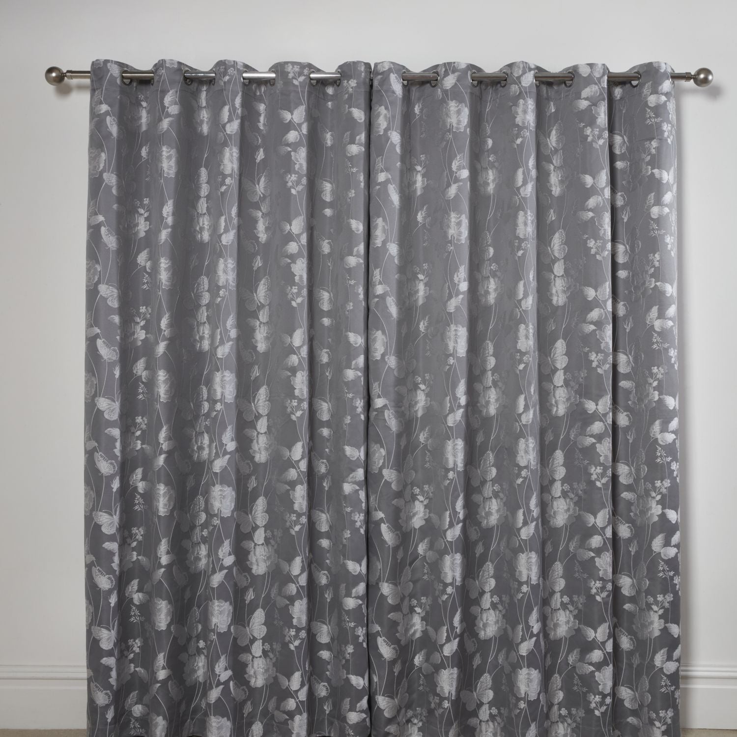 Butterfly Meadow Silver Grey Lined Eyelet Jacquard Curtains