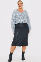 Leather Look Side Split Midi Skirt