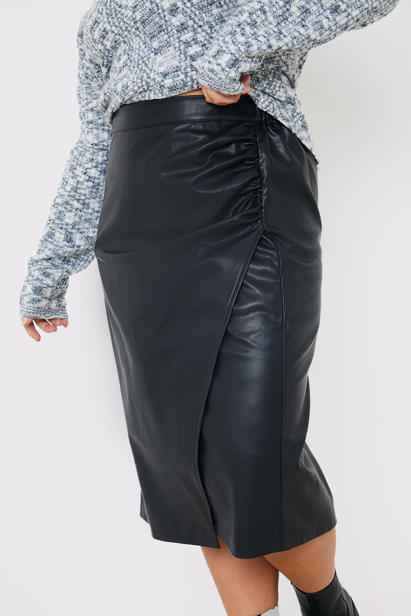 Leather Look Side Split Midi Skirt