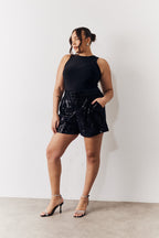 Black Sequin Boxy Shorts