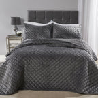 Regent Silver Quilted Soft Touch Velvet Bedspread Set