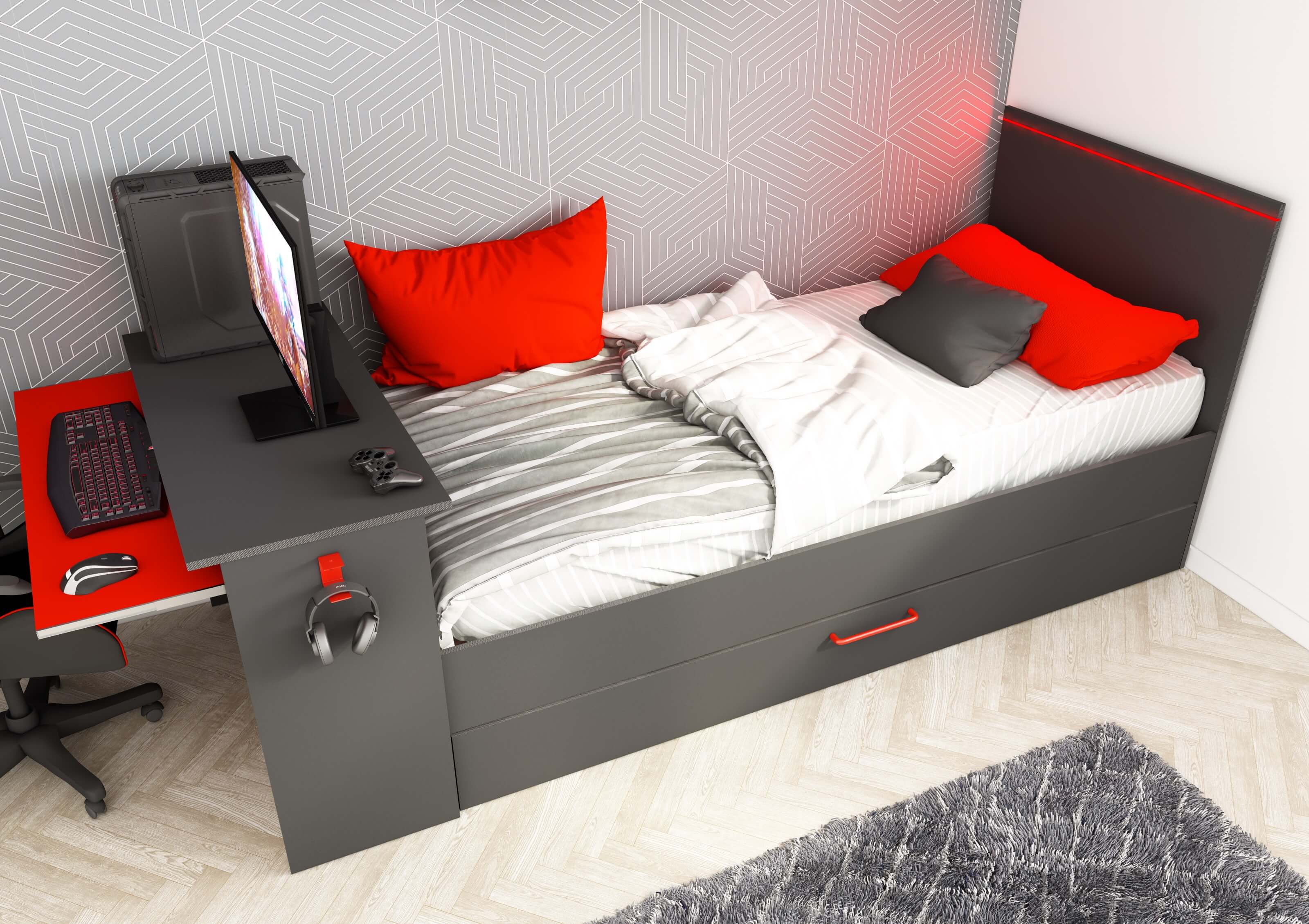 BZone LED Gaming Bed with Desk & Trundle