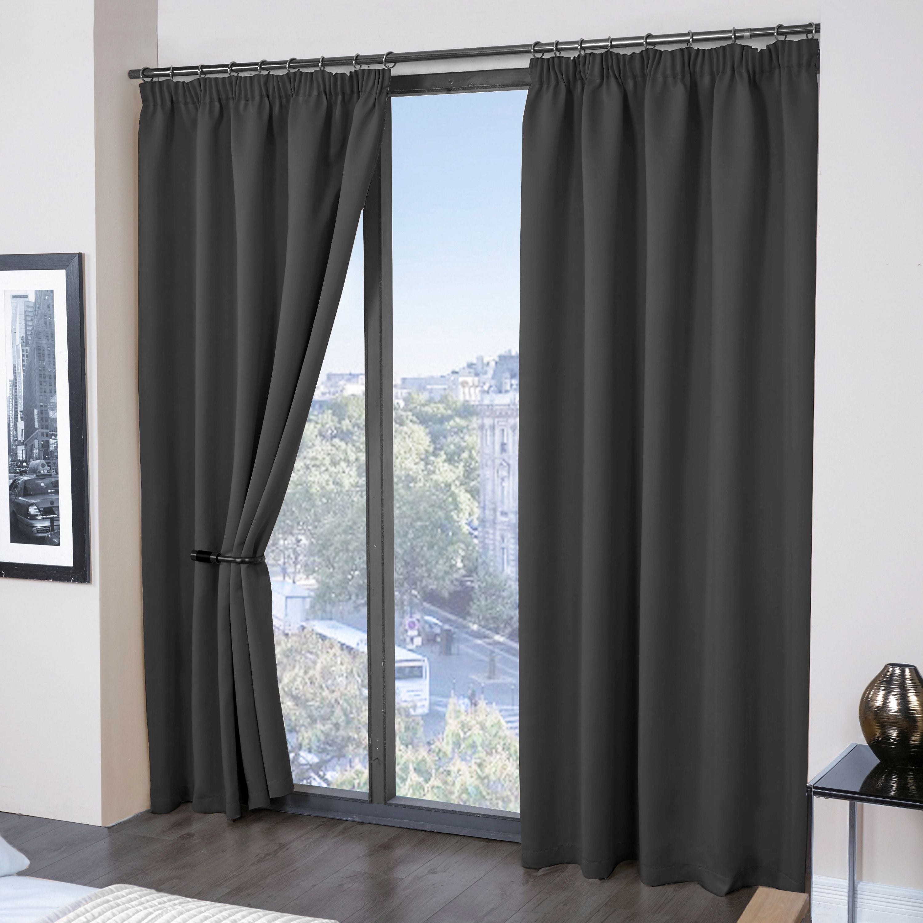 Cali Charcoal Grey Thermal Blackout Pencil Pleat Curtains