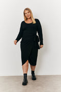 Scoop Neck Ribbed Long Sleeve Bodycon Wrap Midi Dress
