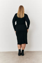 Scoop Neck Ribbed Long Sleeve Bodycon Wrap Midi Dress