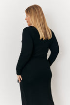 Scoop Neck Ribbed Long Sleeve Bodycon Wrap Midi Dress