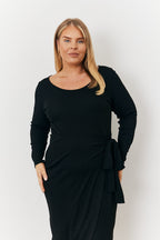 Scoop Neck Ribbed Long Sleeve Bodycon Wrap Midi Dress
