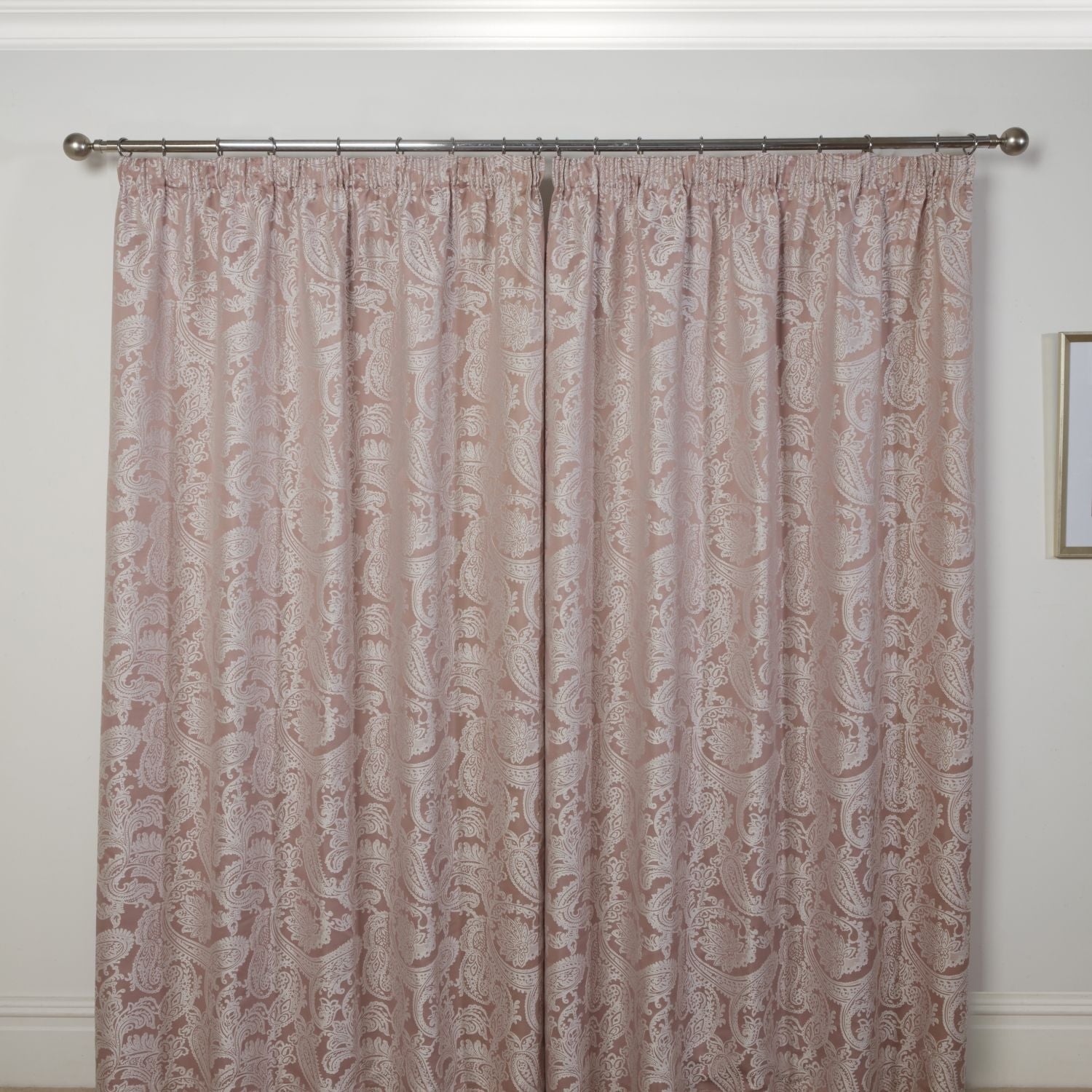Duchess Blush Pink Lined Pencil Pleat Jacquard Velvet Curtains