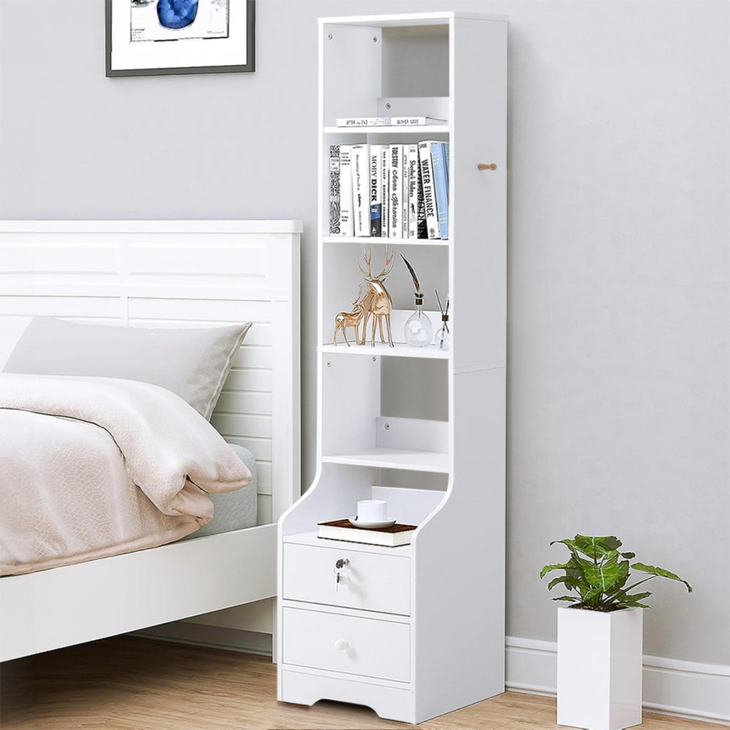 Slim 5-Tier Bookshelf with Lockable Drawers