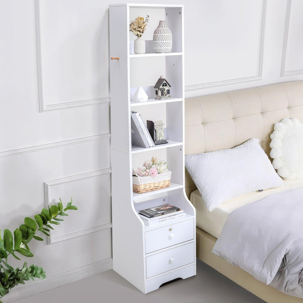 Slim 5-Tier Bookshelf with Lockable Drawers