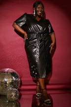 V Neck Leather Look Midi Dress