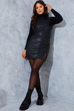 Sleeveless Belted Leather Look Dress