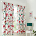 Abstract Poppy Red Lined Pencil Pleat Curtains