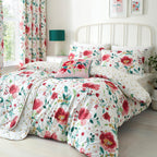 Abstract Poppy Red Lined Pencil Pleat Curtains