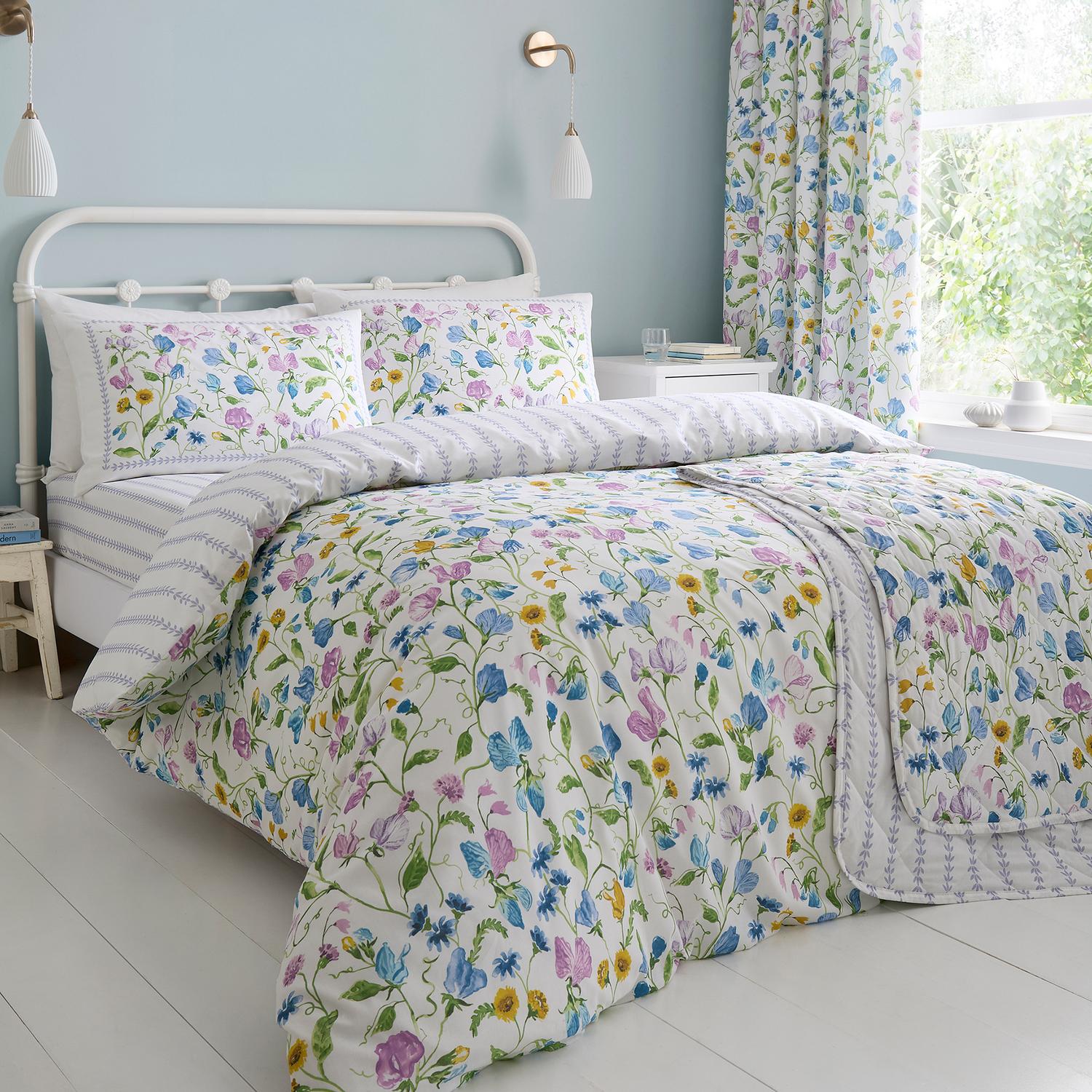 Sweet Pea Floral Cotton Pencil Pleat Curtains