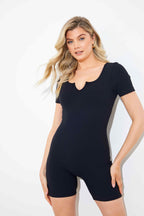 Built-In Bra Notched Neck Short Sleeve Sculpt and Control Short Unitard