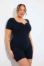 Built-In Bra Notched Neck Short Sleeve Sculpt and Control Short Unitard