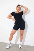 Built-In Bra Notched Neck Short Sleeve Sculpt and Control Short Unitard