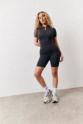 Grey Contour Built-In Bra Short Sleeve Short Leg Half Zip Unitard