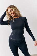 Indigo Blue Contrast Piping Long Sleeve Co-Ord Top