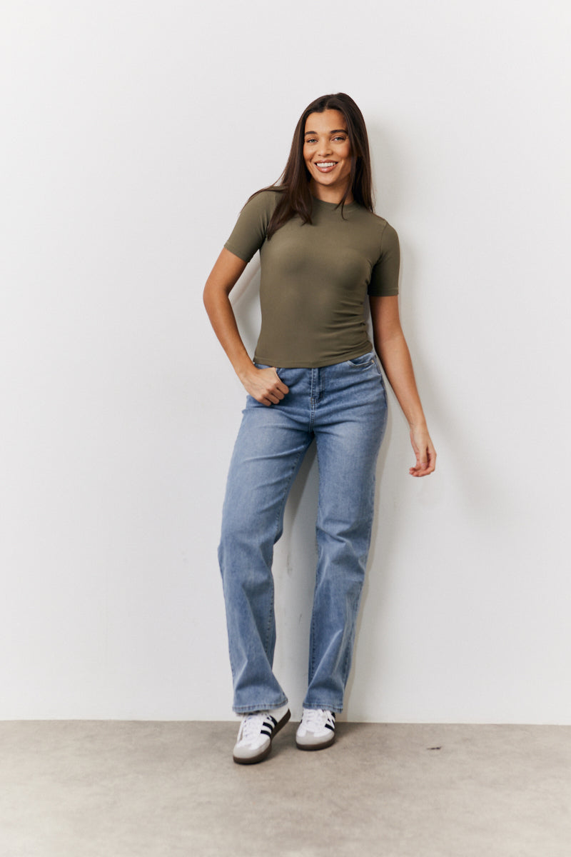 Khaki Ribbed Crew Neck Short Sleeve Top