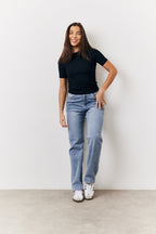 Black Ribbed Crew Neck Short Sleeve Top