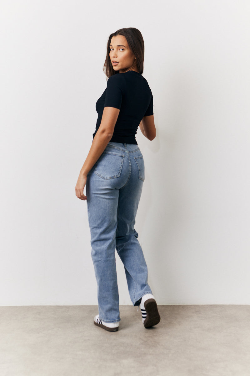 Black Ribbed Crew Neck Short Sleeve Top